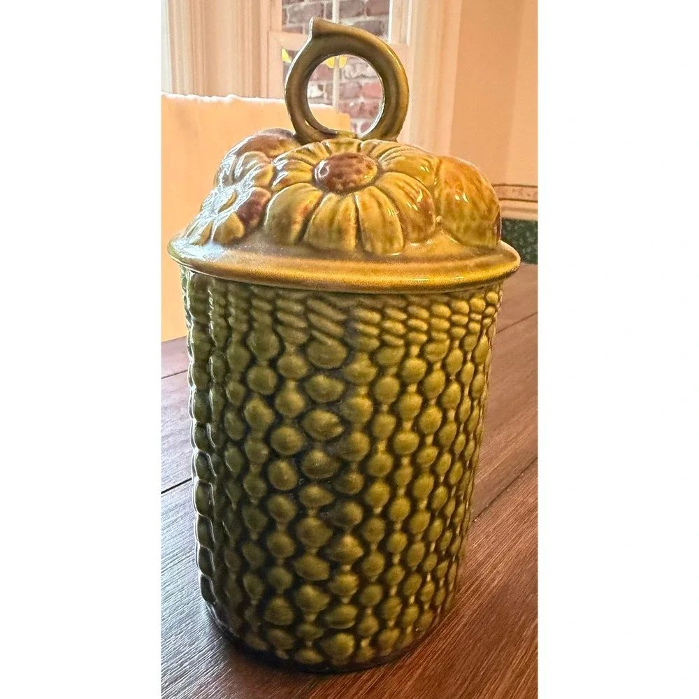 Vintage Olive Green Ceramic Canister Sunflower Fruit Lid Basketweave Jar 9.5
